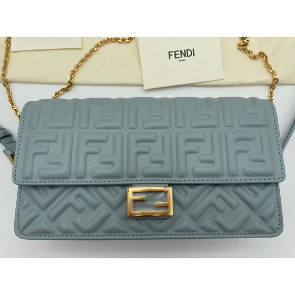 BRAND NEW FENDI LEATHER NAPPA FF BLUE BAGUETTE CHAIN BAG PURSE BOX NIB! - Picture 6 of 16
